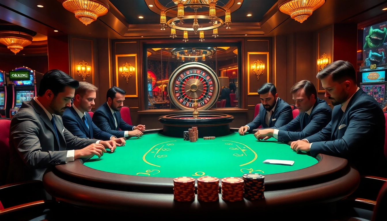 Professional poker players at a luxurious casino table showcasing okking-themed chips and excitement.