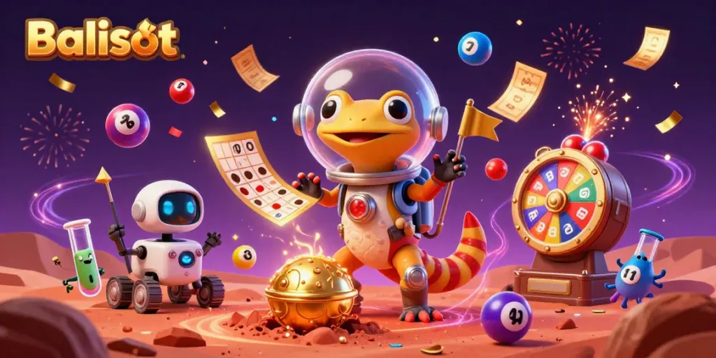 Experience the thrill of Balislot with a Martian gecko exploring a golden casino in vibrant 3D.