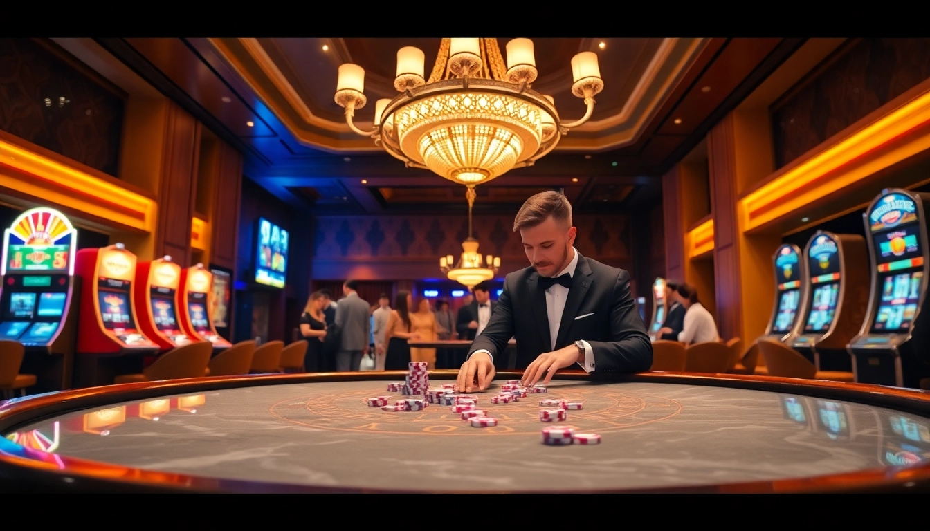 Vibrant casino scene showcasing excitement around a Vipwin game table with poker chips and a dealer.