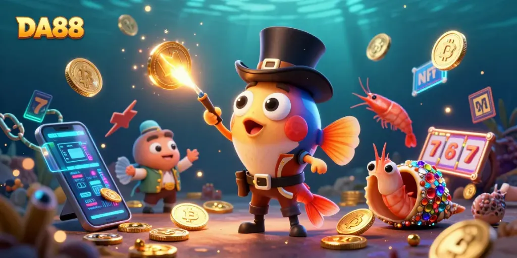 Engage with DA88 in this vibrant underwater casino, featuring a deep-sea anglerfish, pirate shrimp, and gem-shell snail.
