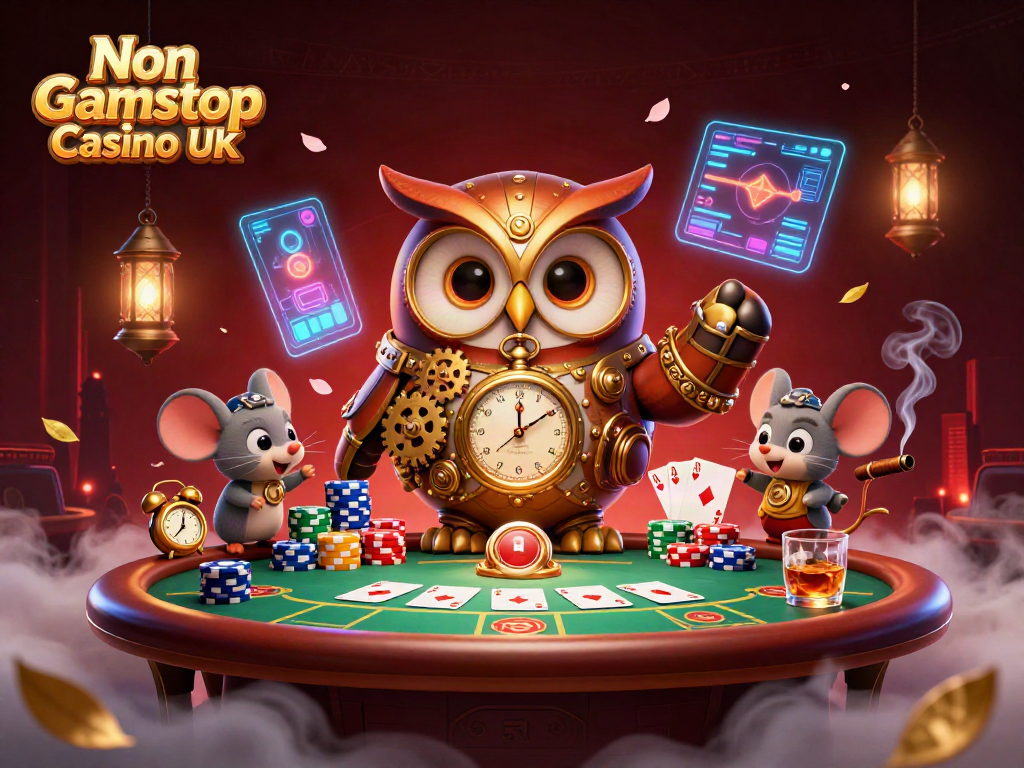 Experience the excitement of Non Gamstop Casino UK with a vibrant illustration of a steampunk owl and poker action elements.