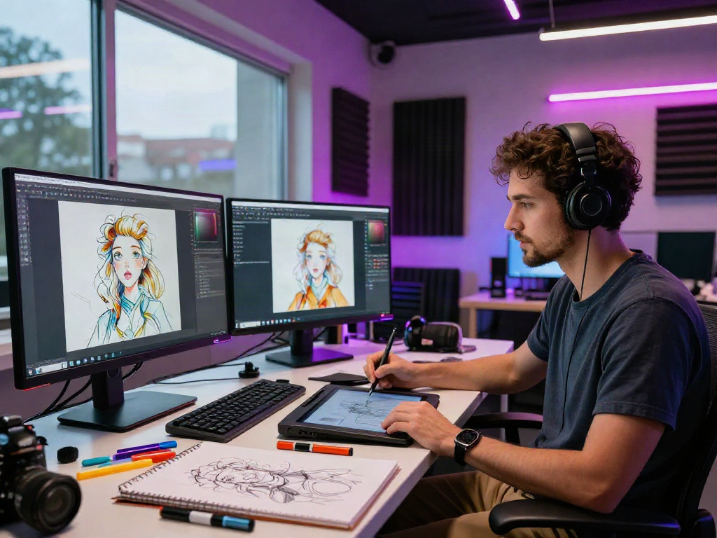 AI NSFW artist showcasing creative digital work in a vibrant studio.