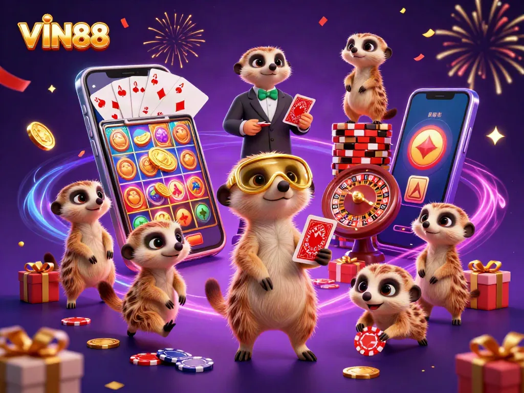 VIN88 meerkats enjoying a vibrant casino scene with golden coins and playing cards.