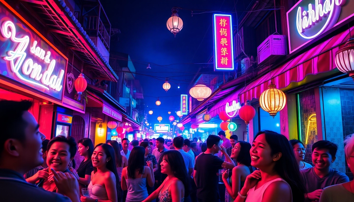 Experience the vibrant 베트남밤문화 with locals enjoying nightlife in colorful bars and clubs.