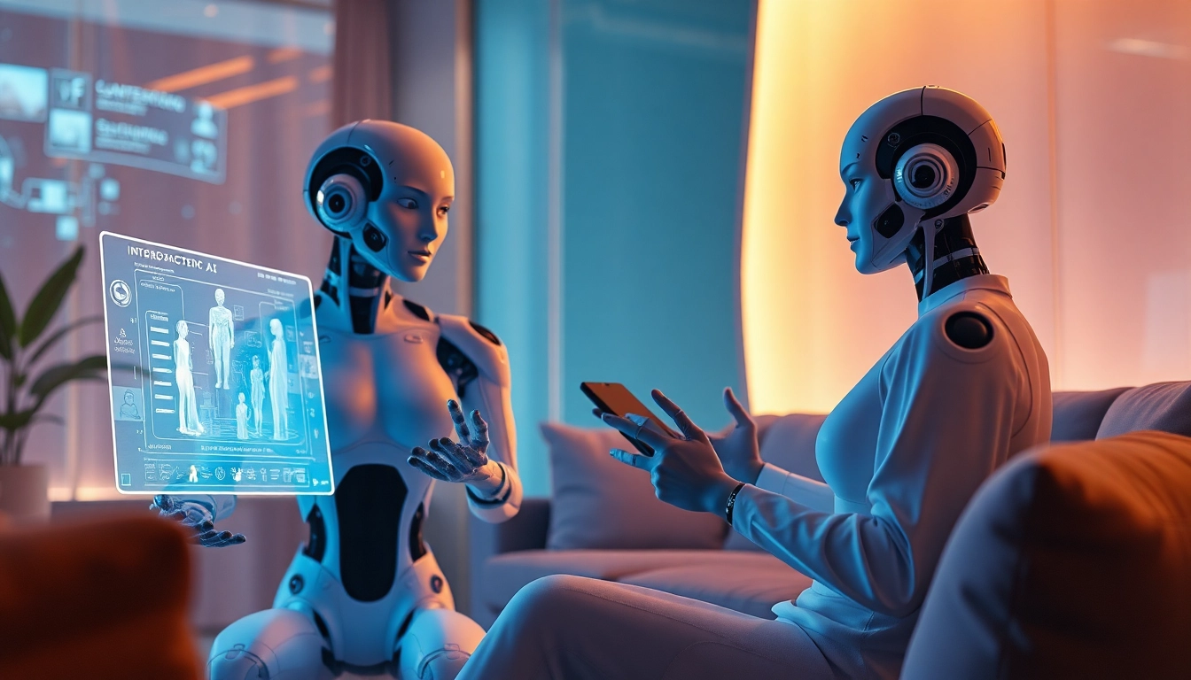 Conceptual visualization of 'sex ai' featuring futuristic AI companions in an interactive digital environment, showcasing warmth and innovation.