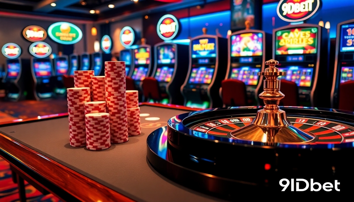 A vibrant casino scene featuring a roulette wheel and poker chips, representing the excitement of 9Dbet gaming.