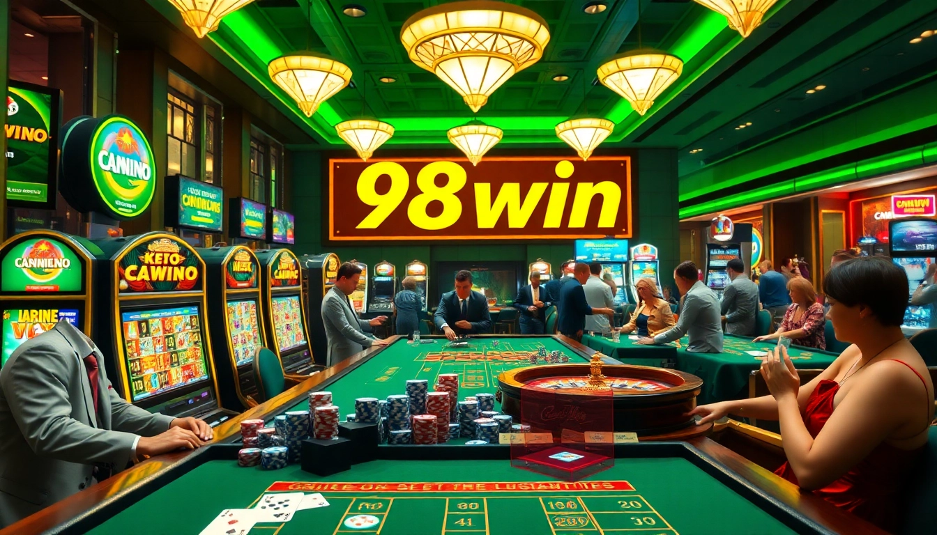 Players enjoy exciting gambling action at the 98win casino, featuring vibrant slot machines and professional dealers.
