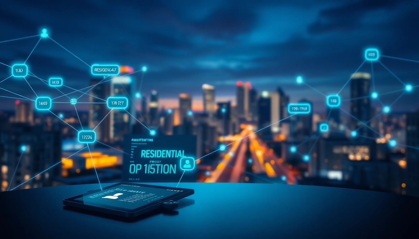 Visual representation of a residential proxy network showcasing IP addresses and connections in a professional setting.