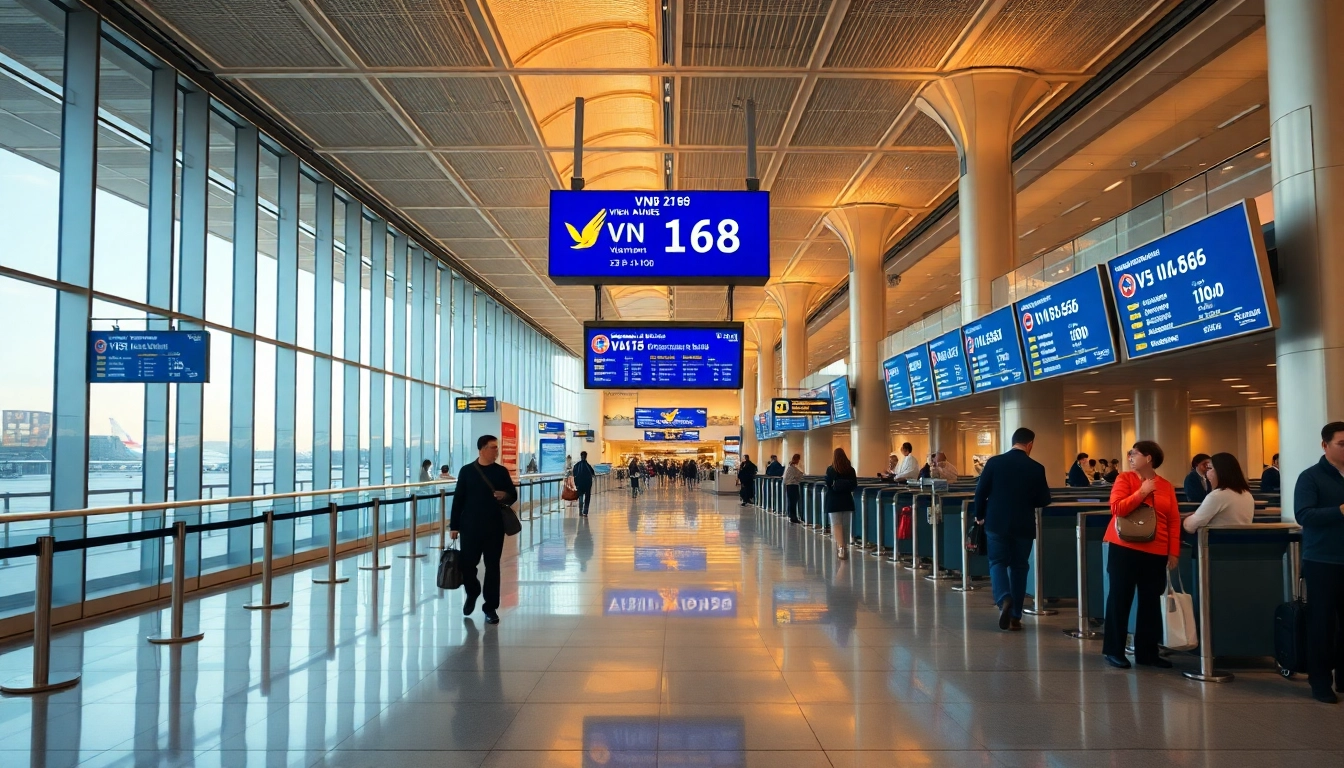 VN168 flight status update at a bustling airport terminal, showcasing travelers and digital displays.