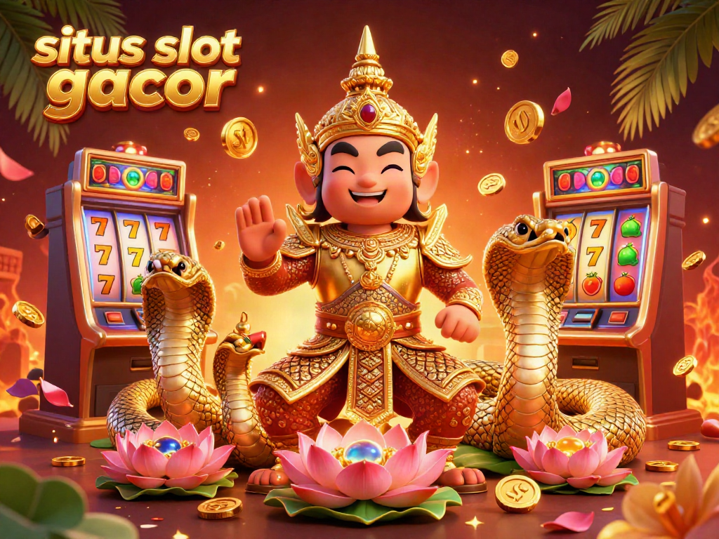 Play slots in an energetic scene featuring "situs slot gacor" with mythical guardians and jackpot symbols.