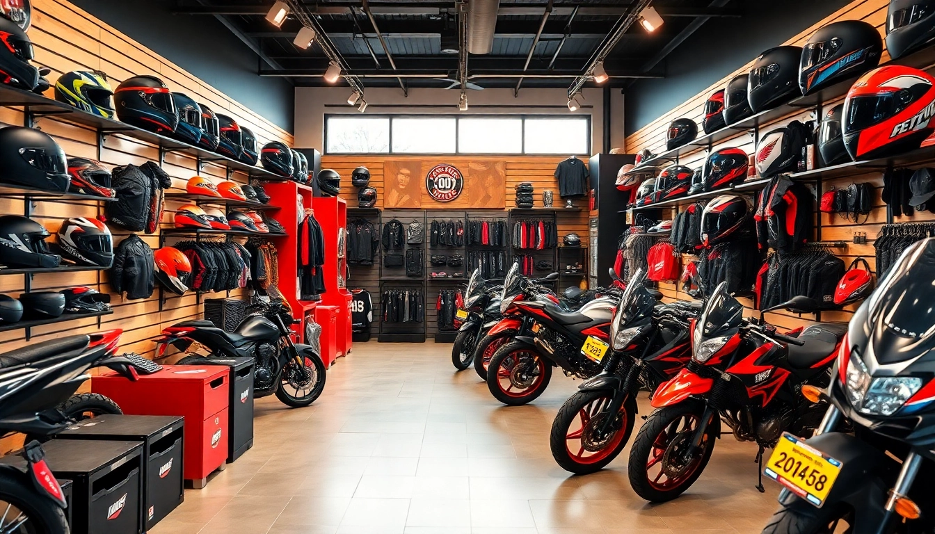Accessoires et équipements Motopaco pour motos exposés dans une boutique dynamique et colorée