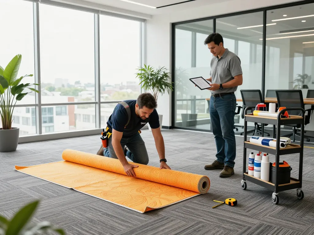 Commercial carpet installation in a modern office with an installer and project manager collaborating.