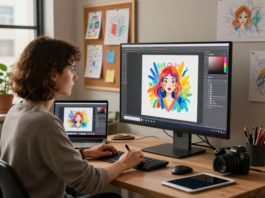 Generate image to prompt tool in a creative workspace with vibrant digital artwork and inspiring atmosphere.