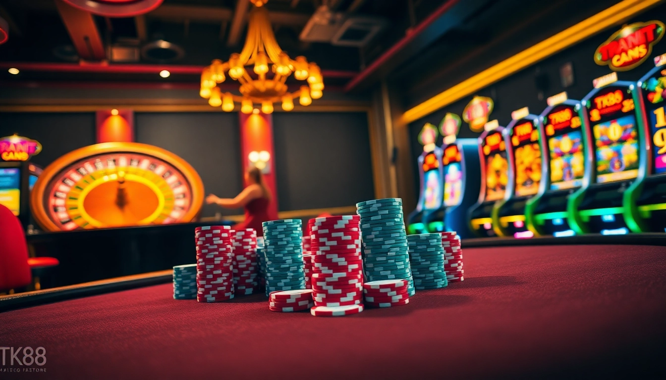 Engaging casino scene featuring TK88 poker table, vibrant slots, and roulette wheel.