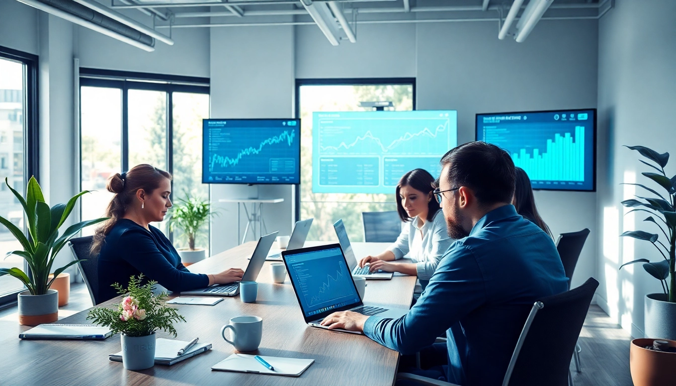 Website management professionals analyzing Từ khoá phụ and performance metrics in a modern office.