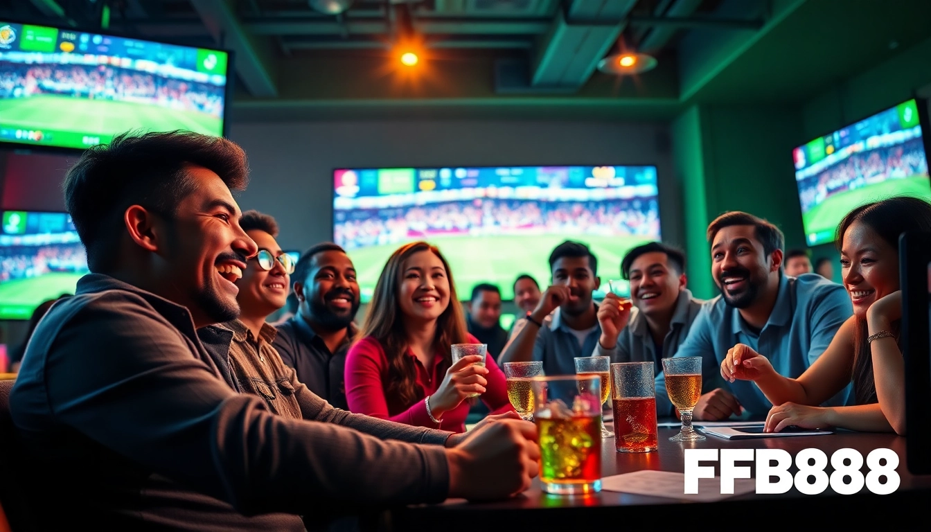 Excited bettors engaging with the FB88 online sports betting experience, surrounded by screens showing live games.
