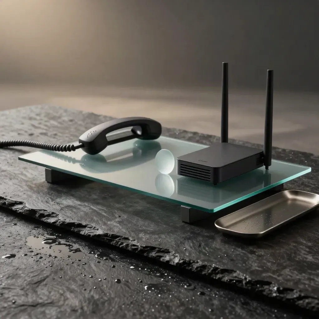 Hero call-tracking kit on wet slate with soft blue reflections and mist