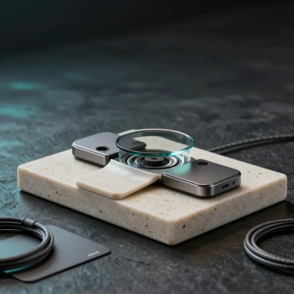 Glassy telecom hub, two modules, and phone cradle on travertine plinth in dark studio haze