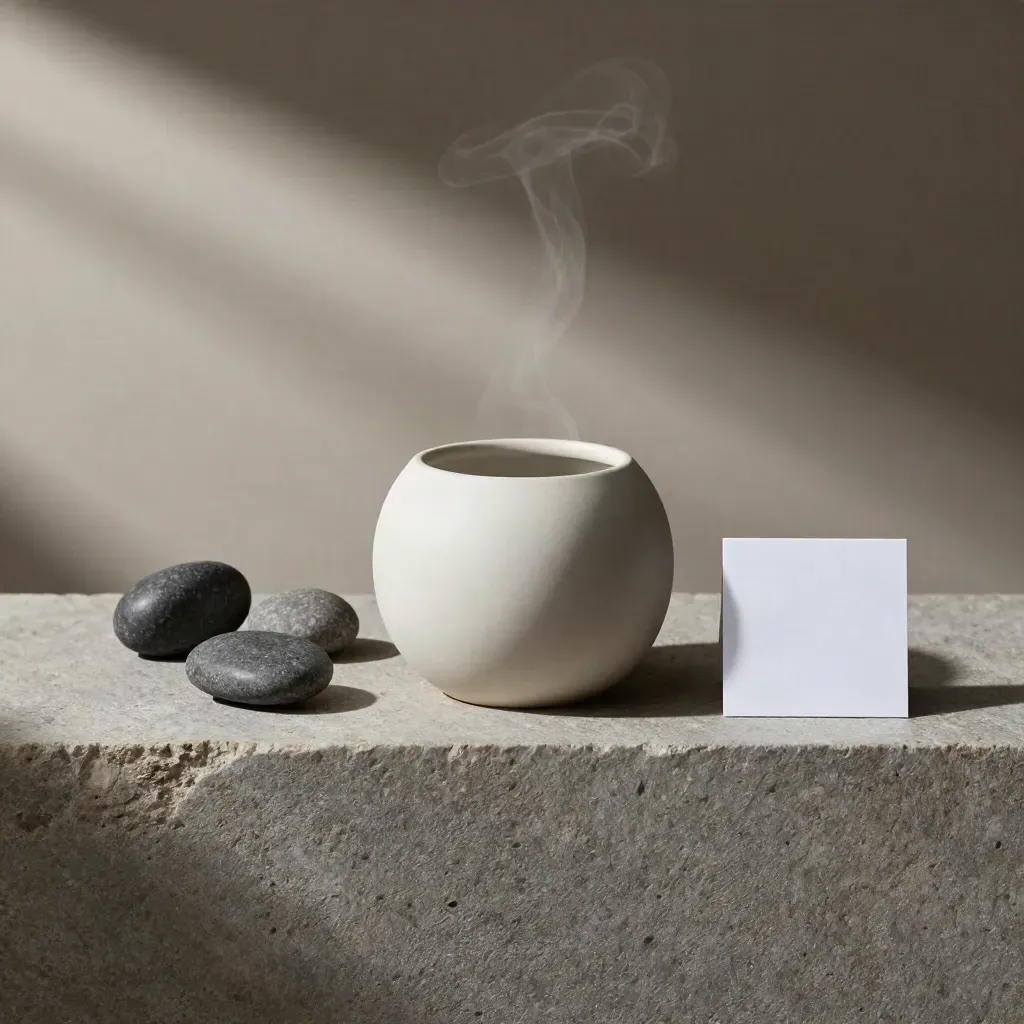 Pale ceramic toll-free core with graphite pebbles on cool stone, overhead flatlay with steam