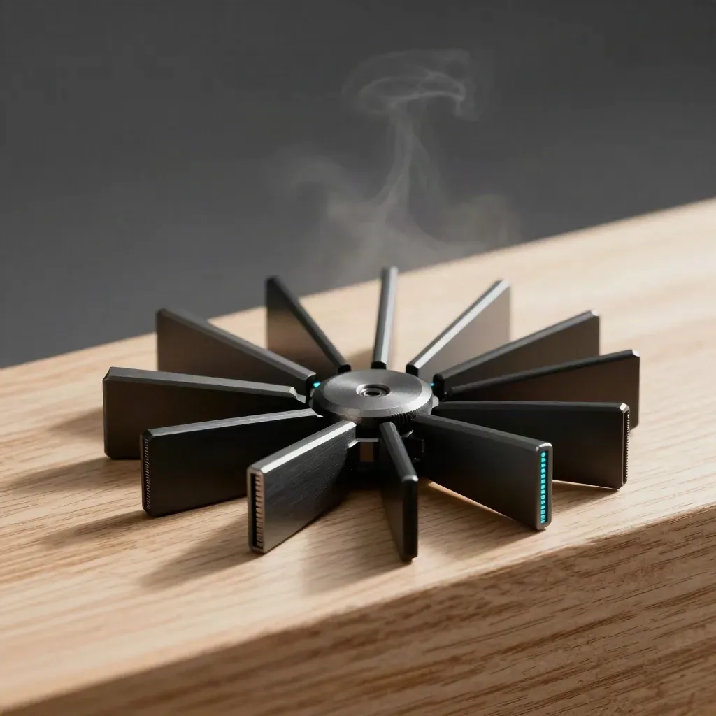 Matte-black routing fins around a central node on pale oak with subtle cyan glow.