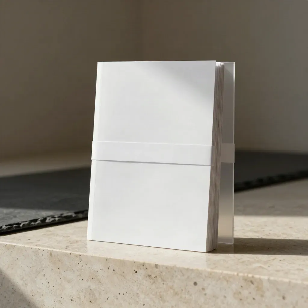 Frosted white-label report stack with clear sleeve on pale stone, softly lit and modern.