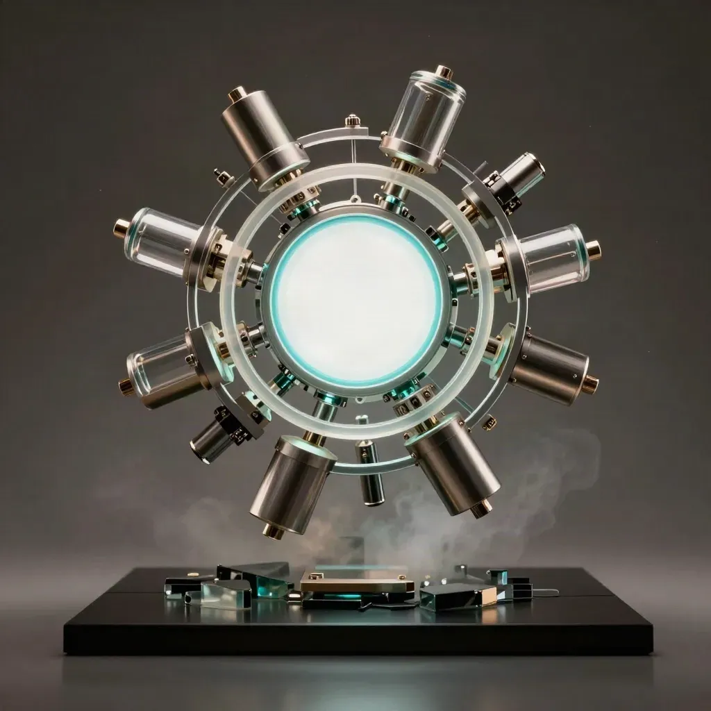 Orbital telecom modules glow cyan on a matte-black plinth in a dramatic studio scene.