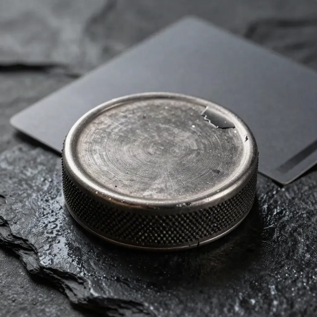 Brushed-metal Birmingham local number puck settling on wet black stone in mist.