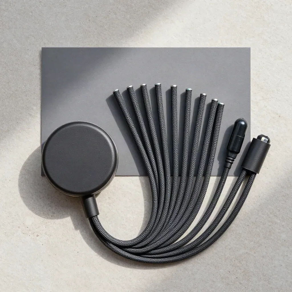 Overhead flatlay of a recorder puck, braided lead, and capsule on pale stone with cyan accent