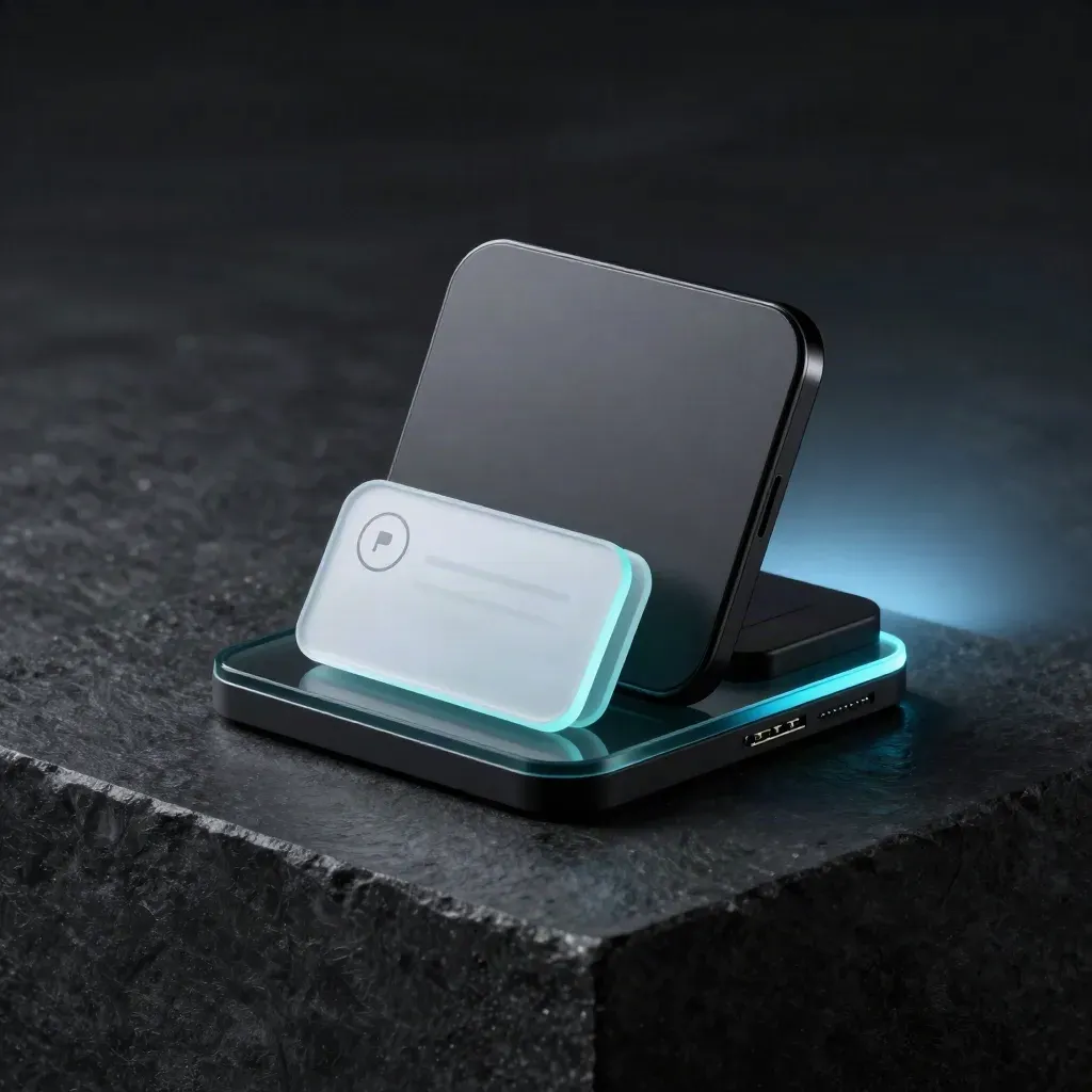 Dark phone slab with two translucent message chips on a matte-black surface, lit with cool blue glow.