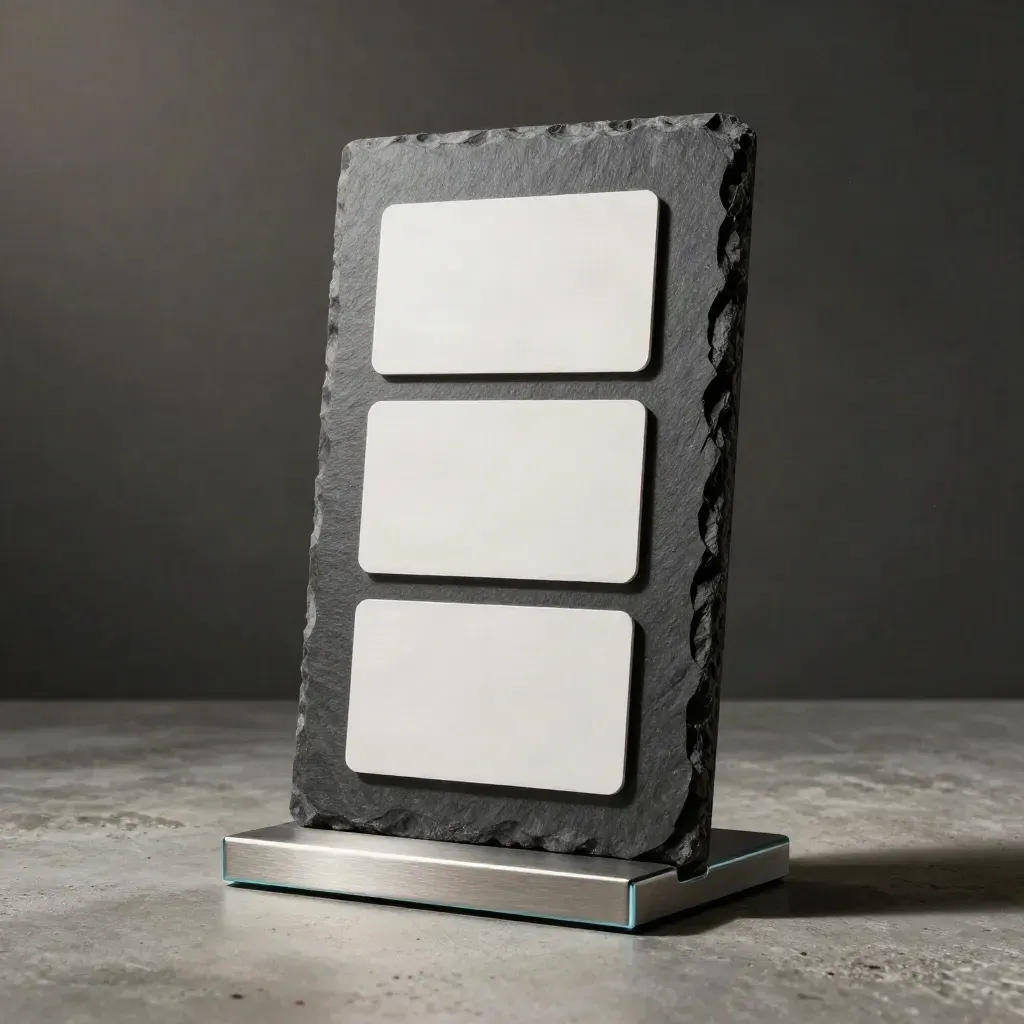 Dark portal slab with three blank cards and a support dock on concrete, softly lit with cyan accents.