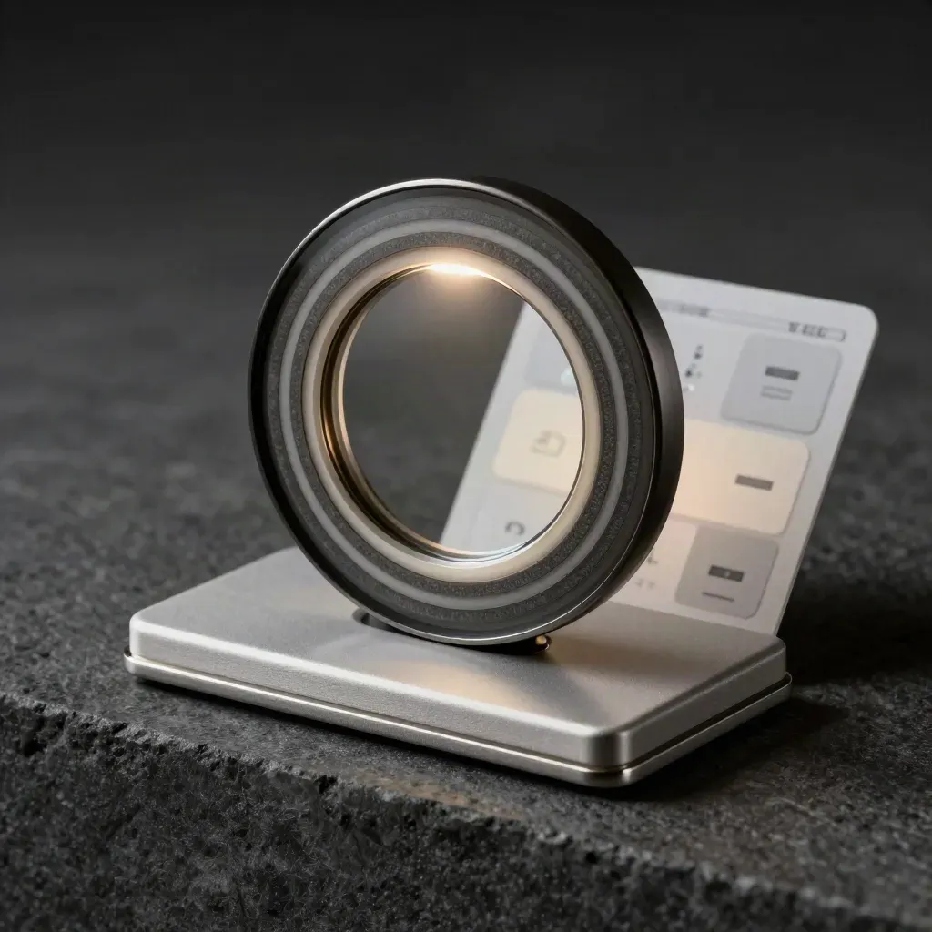 Macro of a dark glass lead source dashboard slab with etched rings and white highlights.