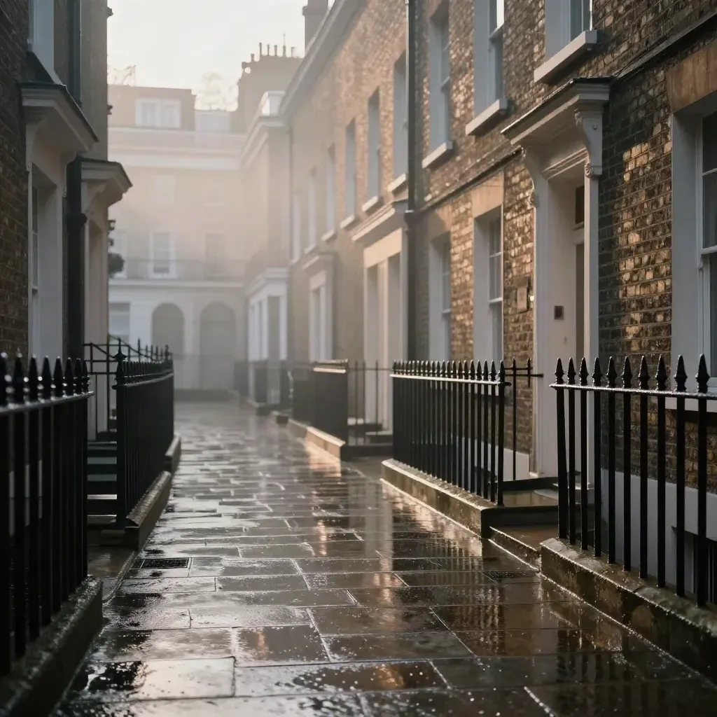 Rain-dark London mews courtyard with limestone, brick and iron railings in soft morning fog.