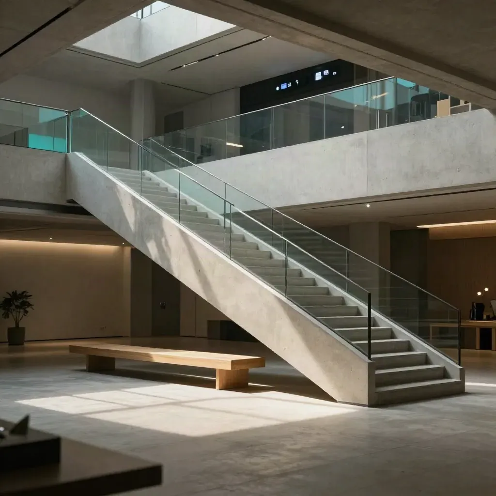 Sunlit atrium staircase and calm concrete landing with subtle telecom screens high above