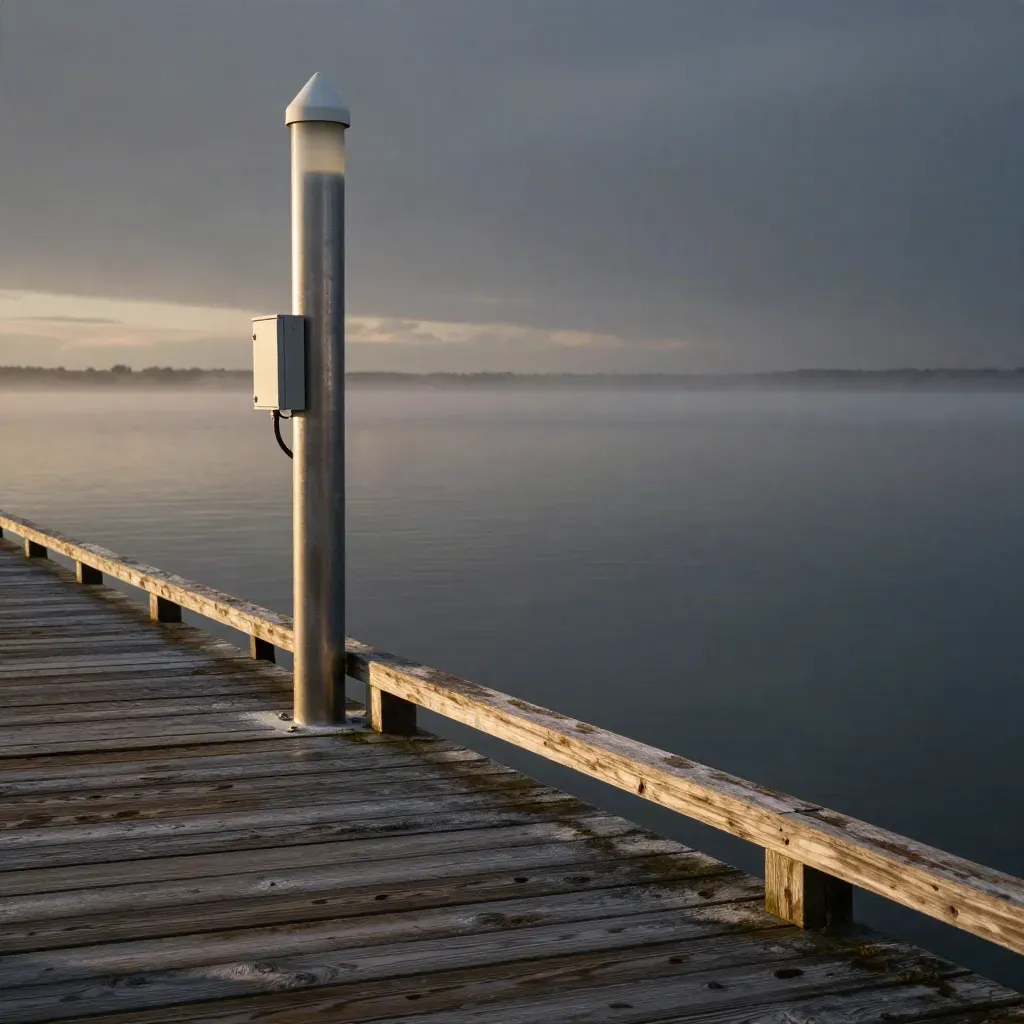 Quiet industrial pier at golden hour with mist, timber, metal posts, and distant skyline glow.