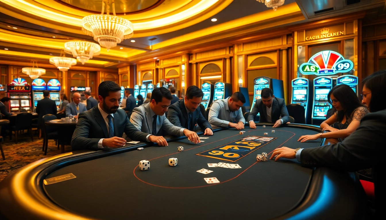 Exciting casino scene featuring PS 99 poker table with players placing bets.