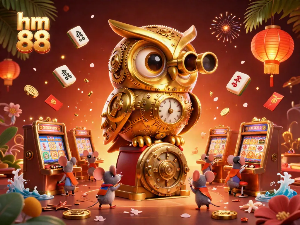 Bet on adventures with hm 88 in this vibrant casino scene featuring a golden owl overseeing lively game action.