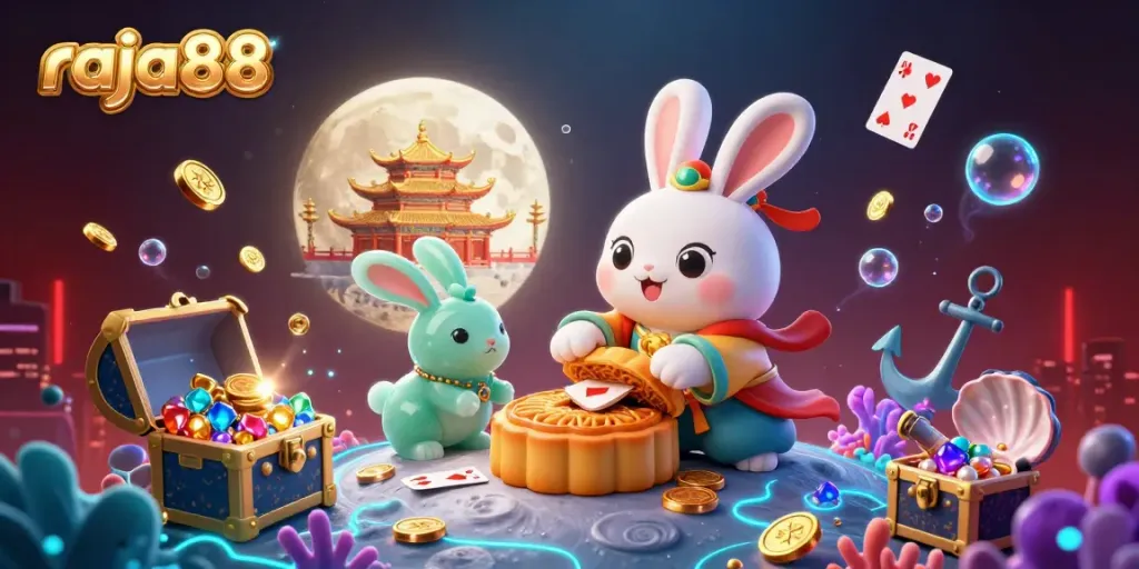 Engage in thrilling gameplay at raja88 with the moon rabbit, poker chips, and underwater treasures.