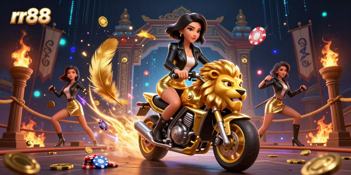 rr88 showcases high-energy gameplay with a glamorous woman riding a golden lion amidst dynamic casino elements.