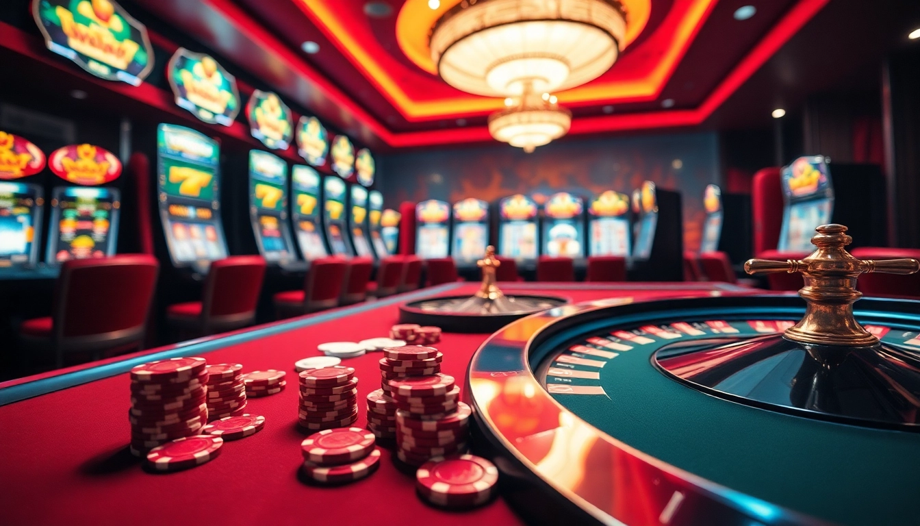 Experience the thrill of gambling with S8 slot machines and poker tables in a luxurious casino setting.