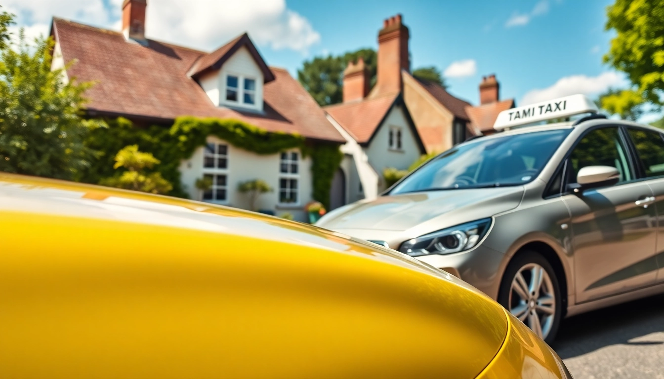 Taxi service in Hersham showcasing a sleek vehicle against a beautiful village backdrop.