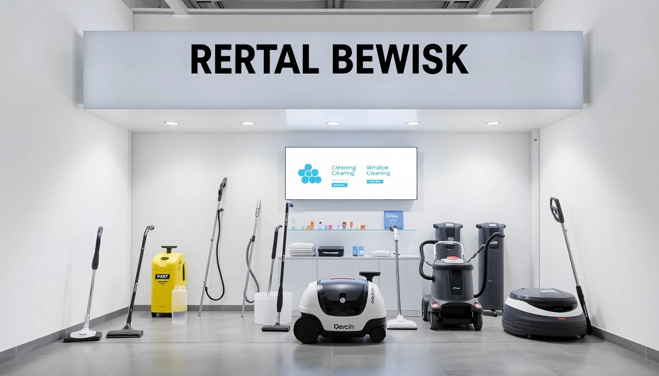 Puhastusseadmete nutirendi kiosk showcasing rental options like aknapesurobot and aurupesur.