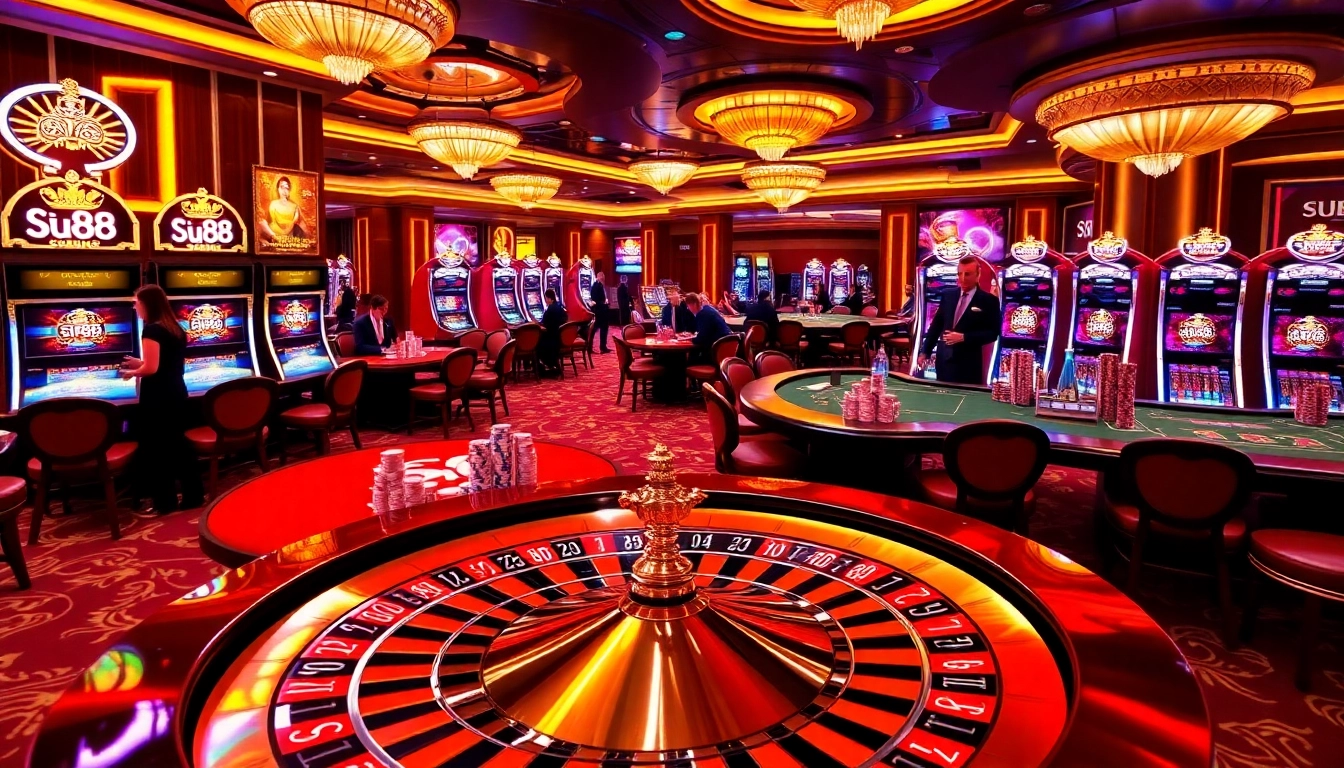 Siu88 casino tables filled with poker chips and engaged gamblers enjoying high-stakes action.
