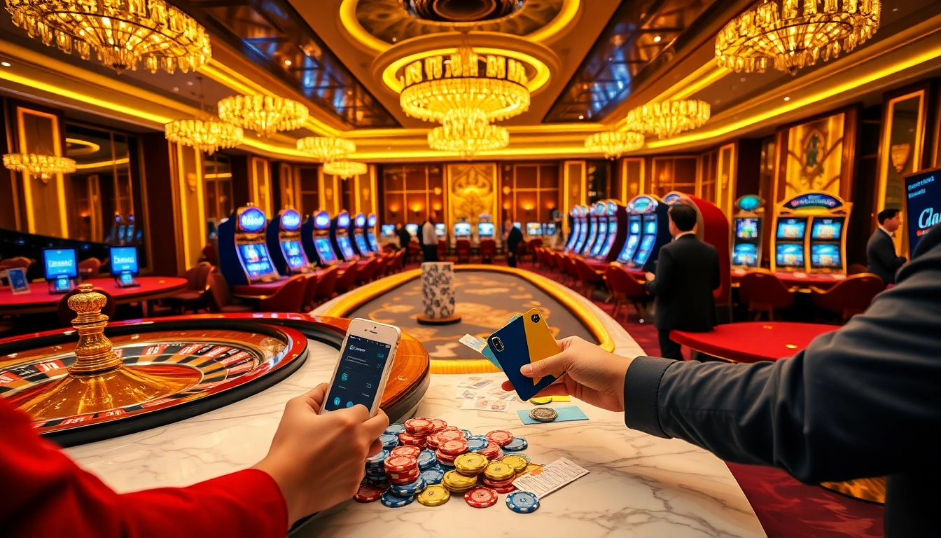 Players enjoying casino games while using 상품권카드 for payments in a luxurious setting.
