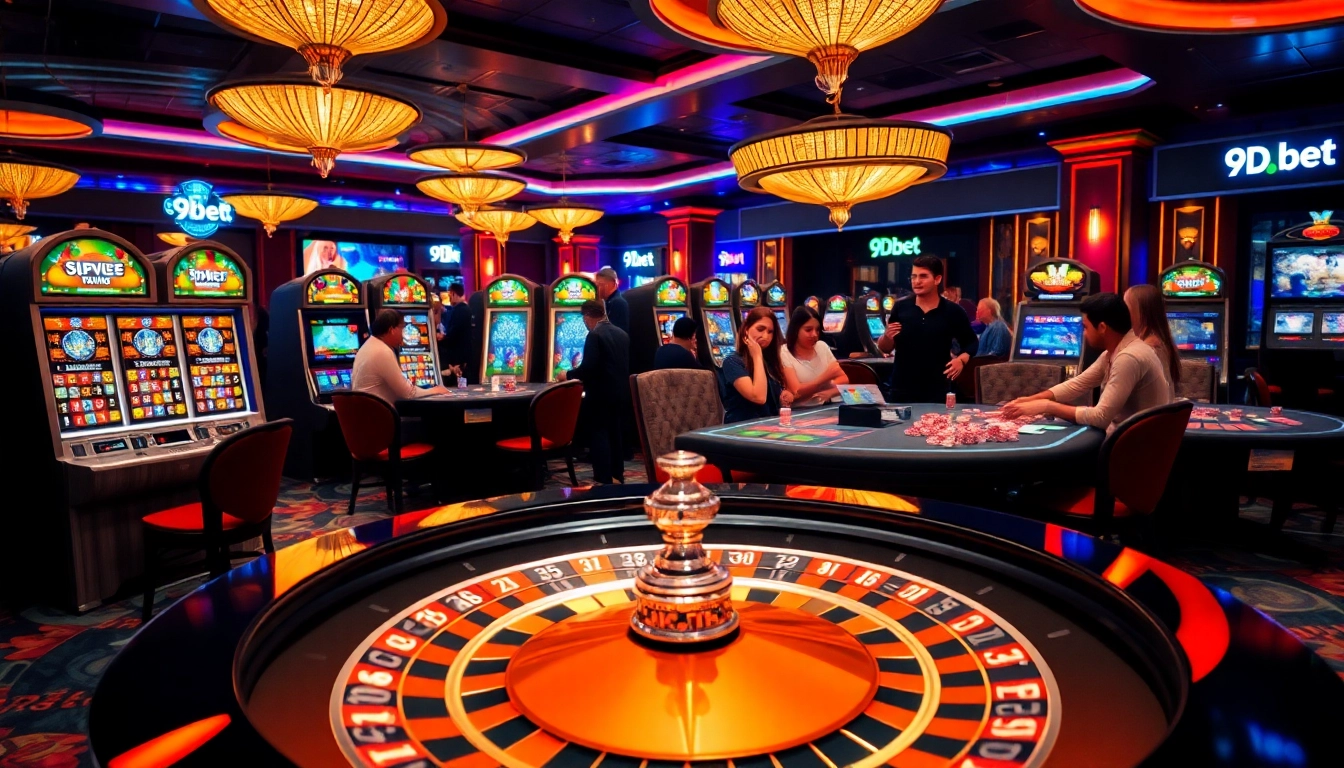 Experience the excitement of 9Dbet with players at a roulette table in a luxurious casino.