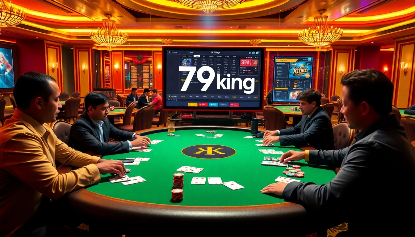 Exciting poker game at 79king casino, showcasing professional players and vibrant betting elements.