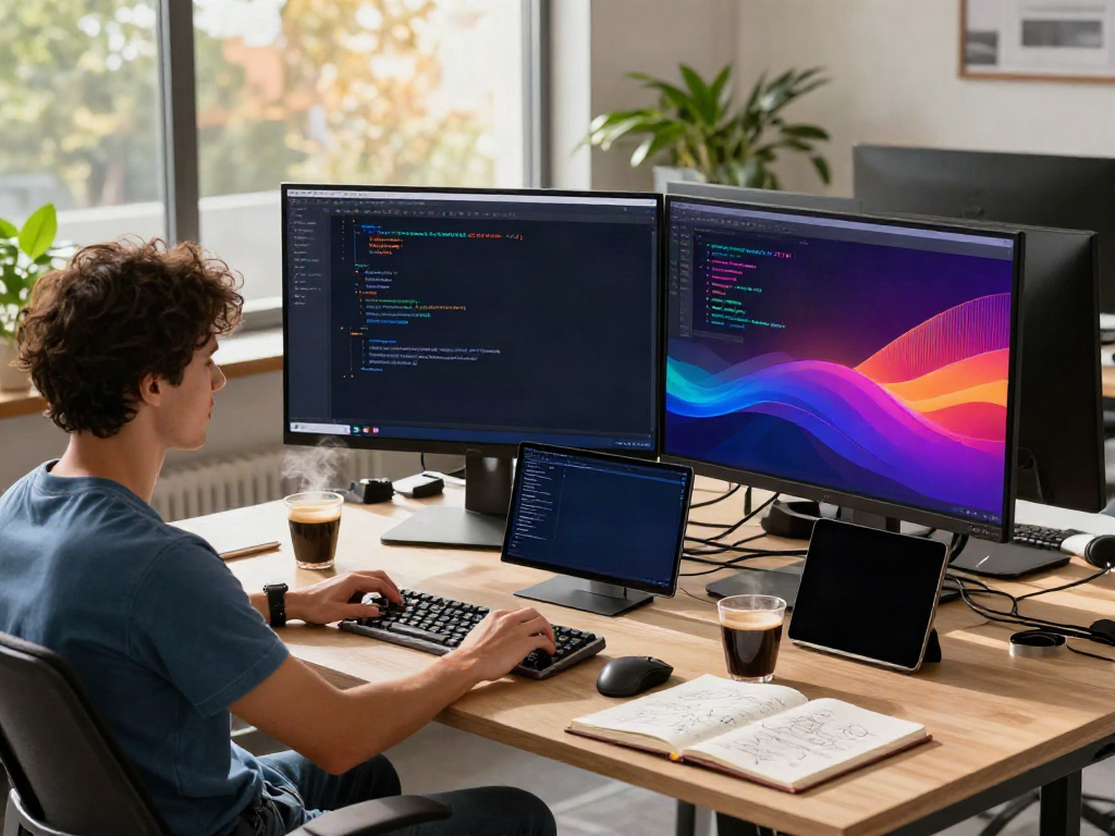Developer integrating multi-model API in a vibrant tech workspace with multiple monitors and coding scripts.