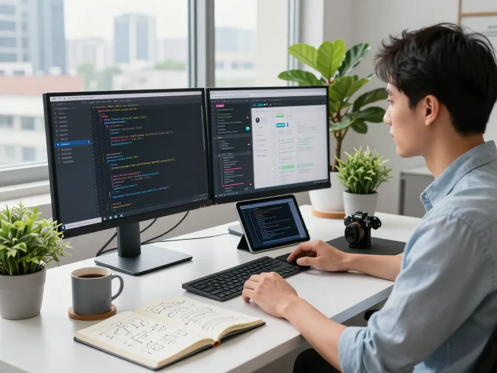 Developer utilizing open claw technology in a modern workspace with dual monitors and AI code.