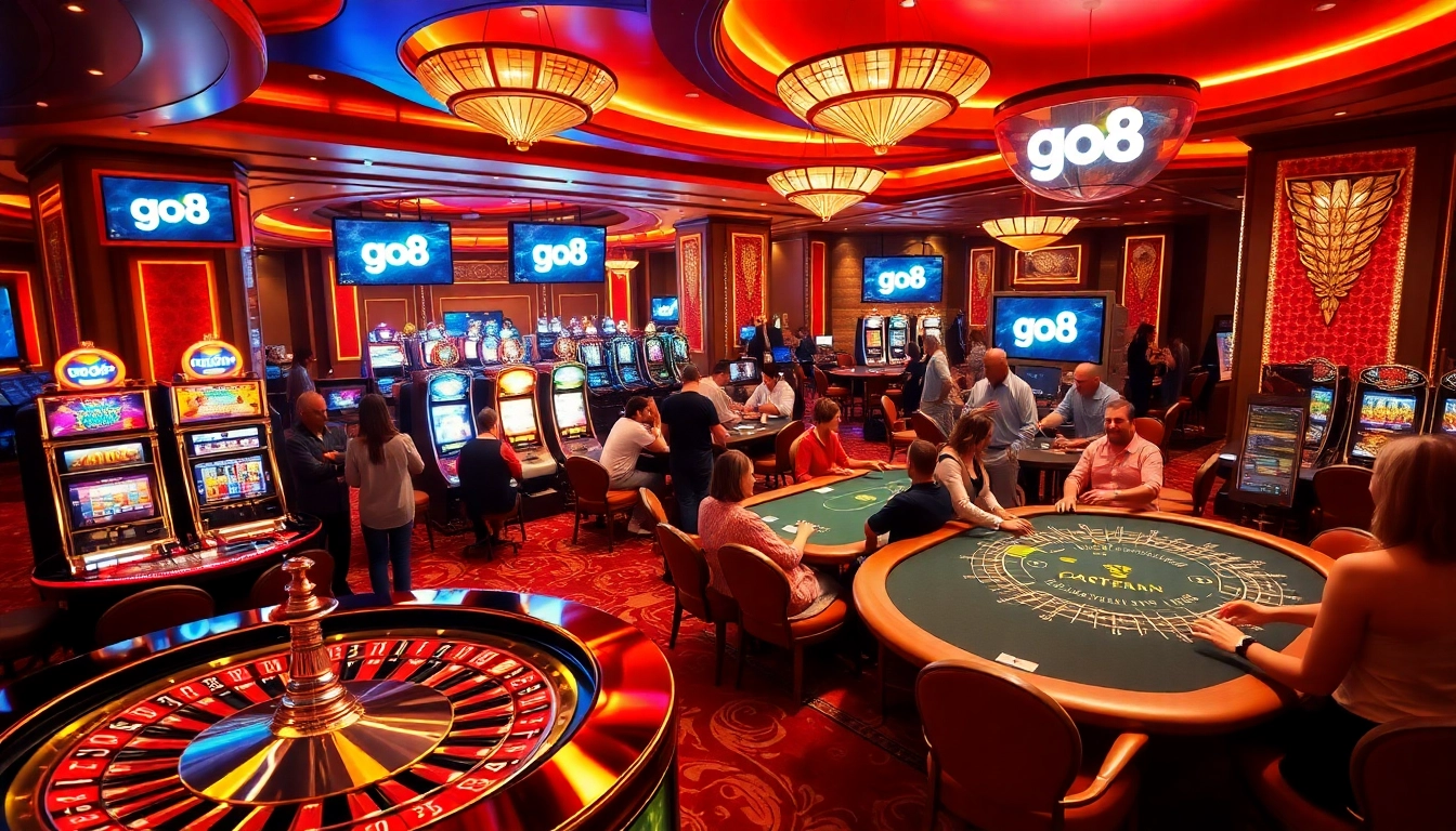 Experience the thrill of gaming with go8-themed tables and illuminated slot machines.