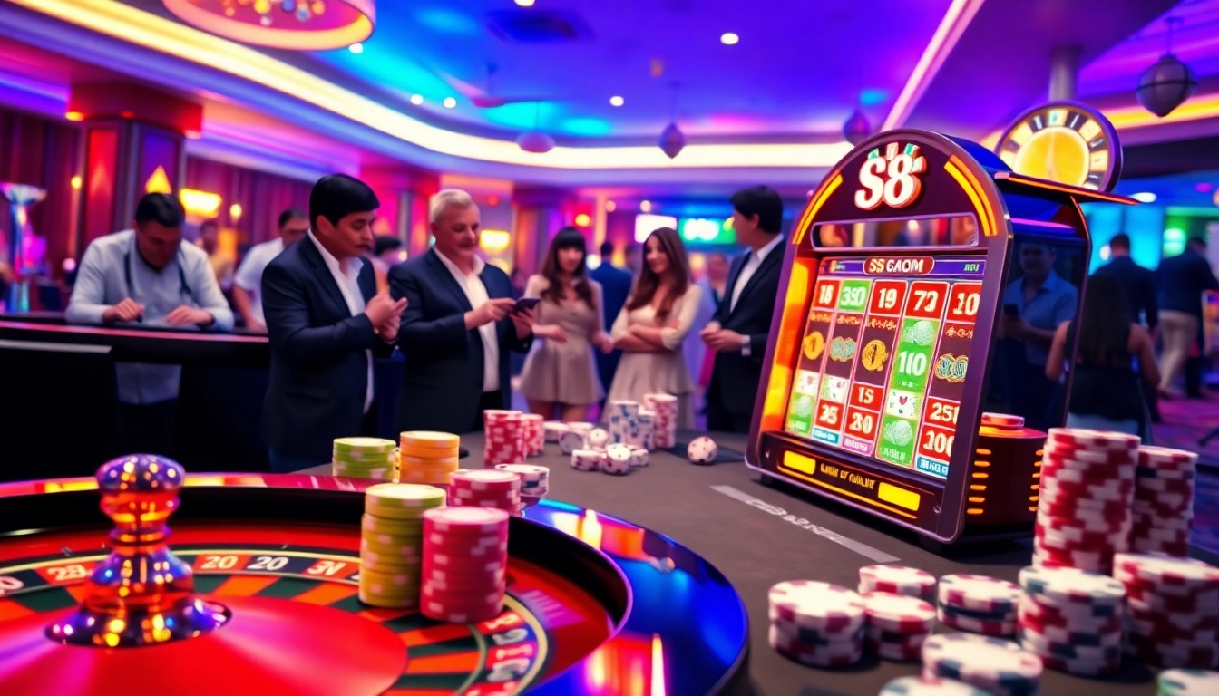 Excited gamblers at S8.com enjoying a vibrant online casino experience with poker chips and roulette.