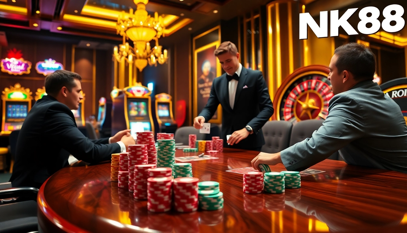 NK88 poker game scene with vibrant chips, excited players, and a stylish dealer in a luxurious casino setup.